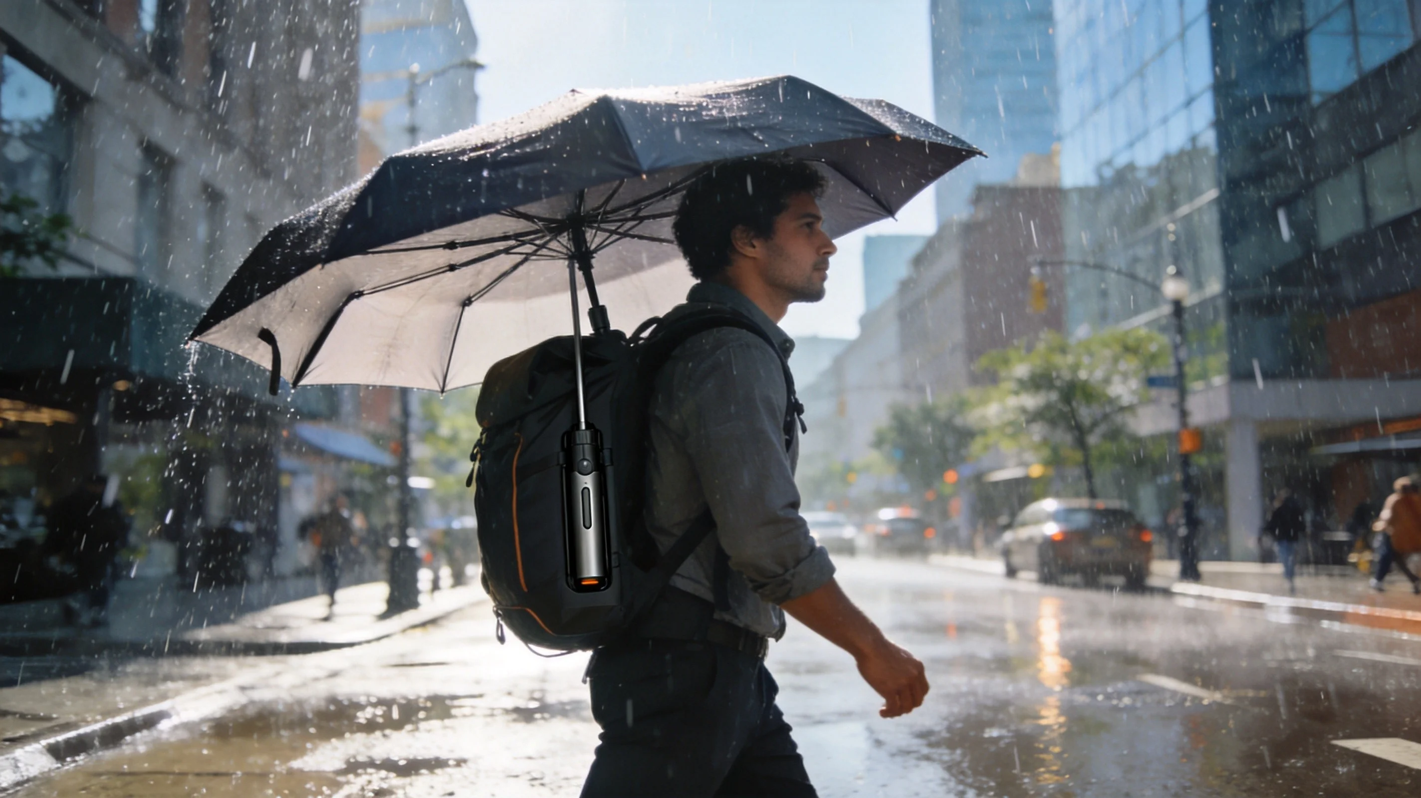 City commuter with integrated auto-open umbrella deployed from backpack
