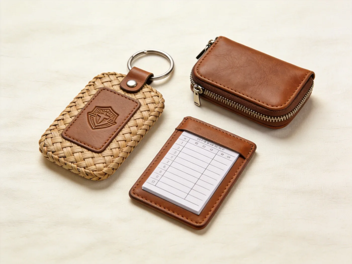 set of custom leather golf bag tags scorecard holder and valuables pouch from a golf accessories manufacturer