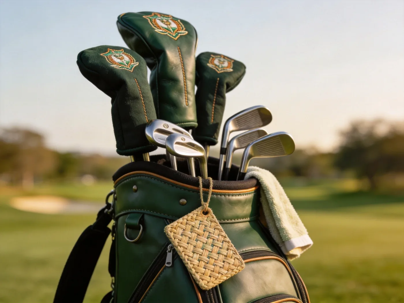 custom golf bag with embroidered headcovers and golf towel from a golf bag accessories manufacturer