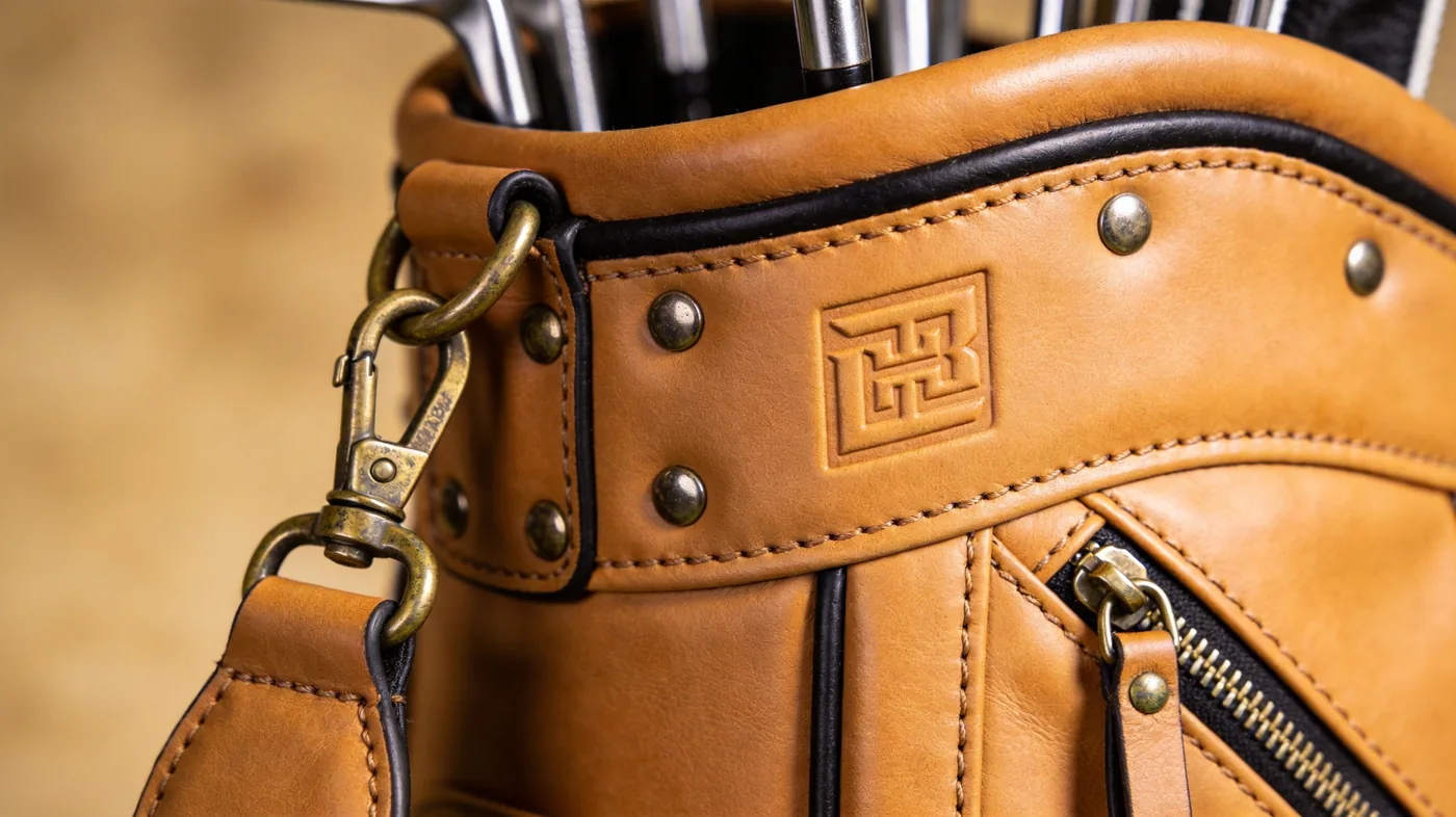 close-up of full-grain leather, contrast stitching and brass hardware on a custom leather golf bag