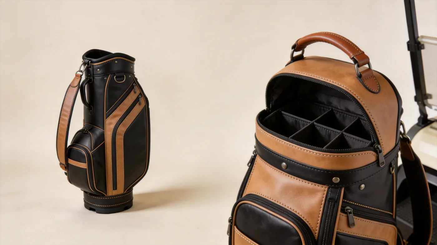 structured interior pockets and leather build detail of a custom leather golf bag program