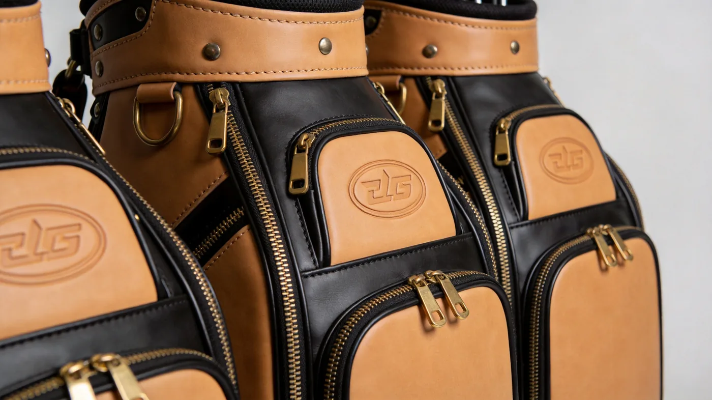 set of custom leather golf stand bags with embossed logo panels from a leather golf bag factory