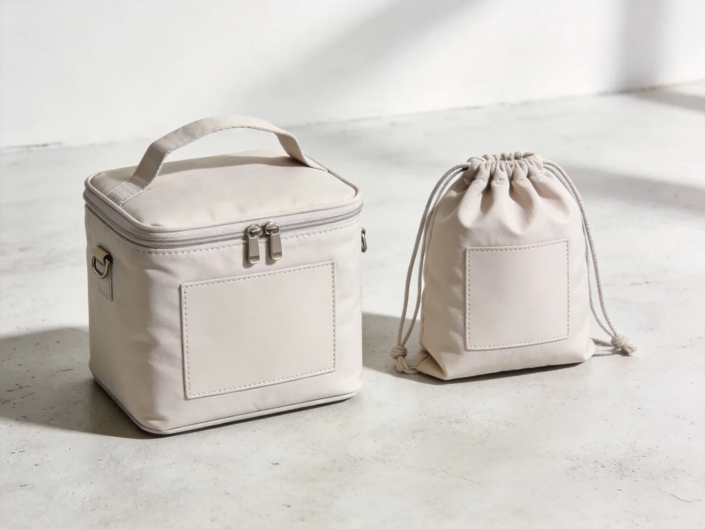 custom logo insulated cooler lunch bag and drawstring shoe bag from a custom logo bag supplier
