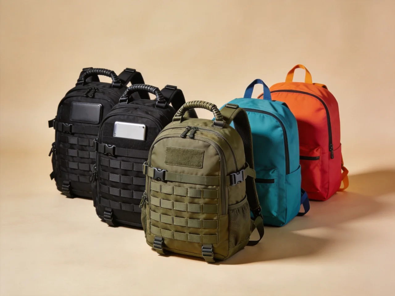 set of custom tactical and school backpacks in ballistic and recycled fabric from a backpack manufacturer