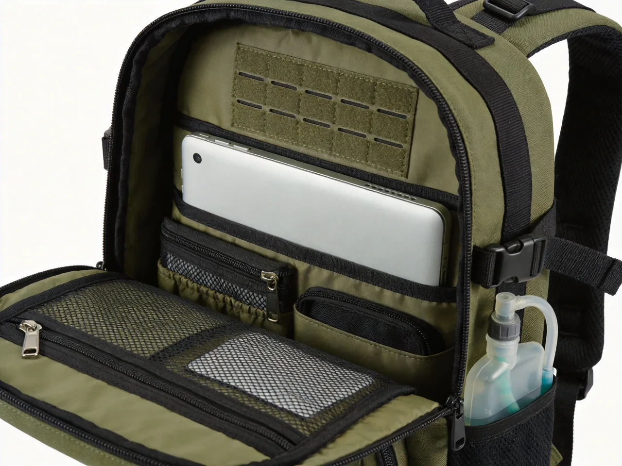 interior of a custom tactical school backpack with padded laptop sleeve and admin organizer