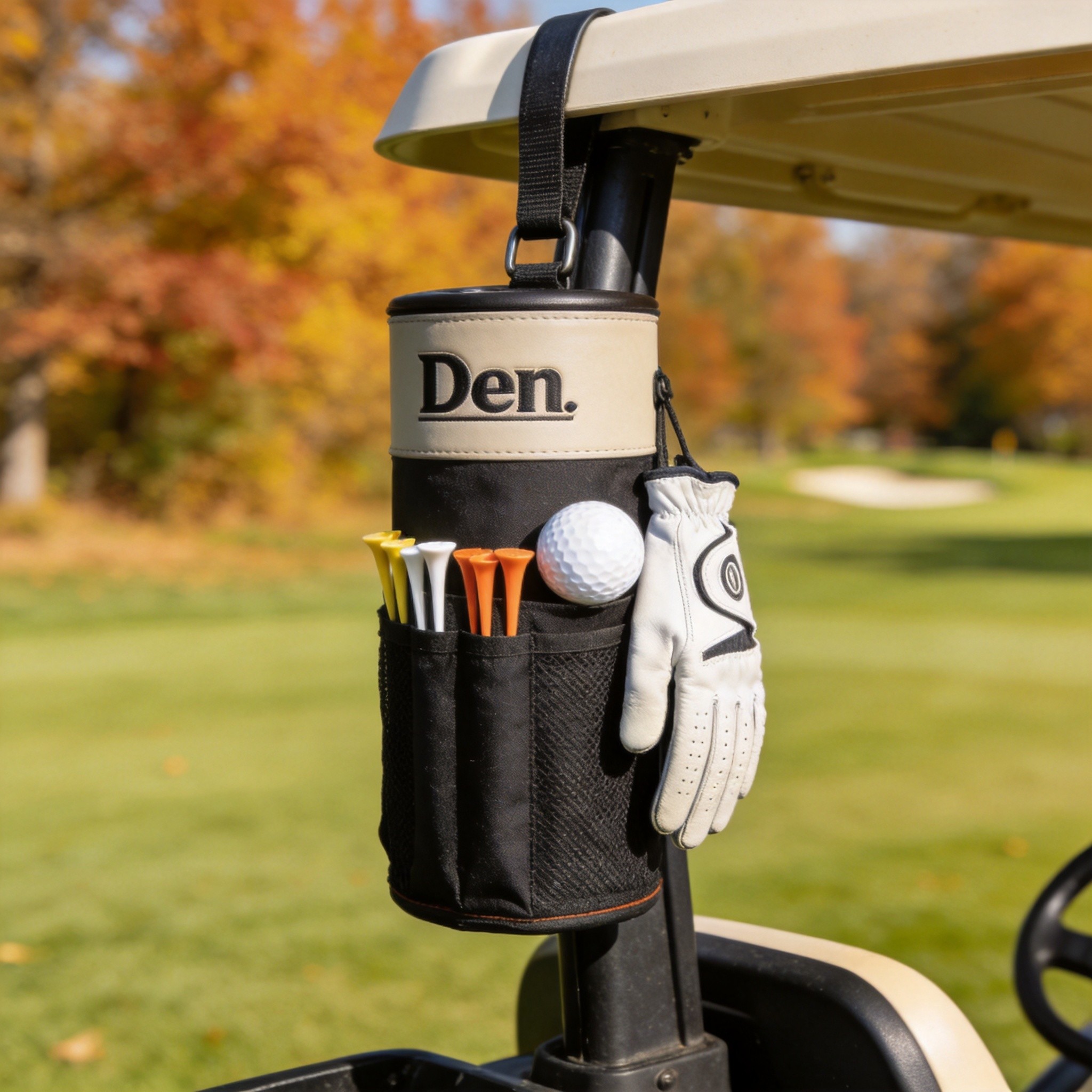 Golf den caddy mounted on a golf cart rail