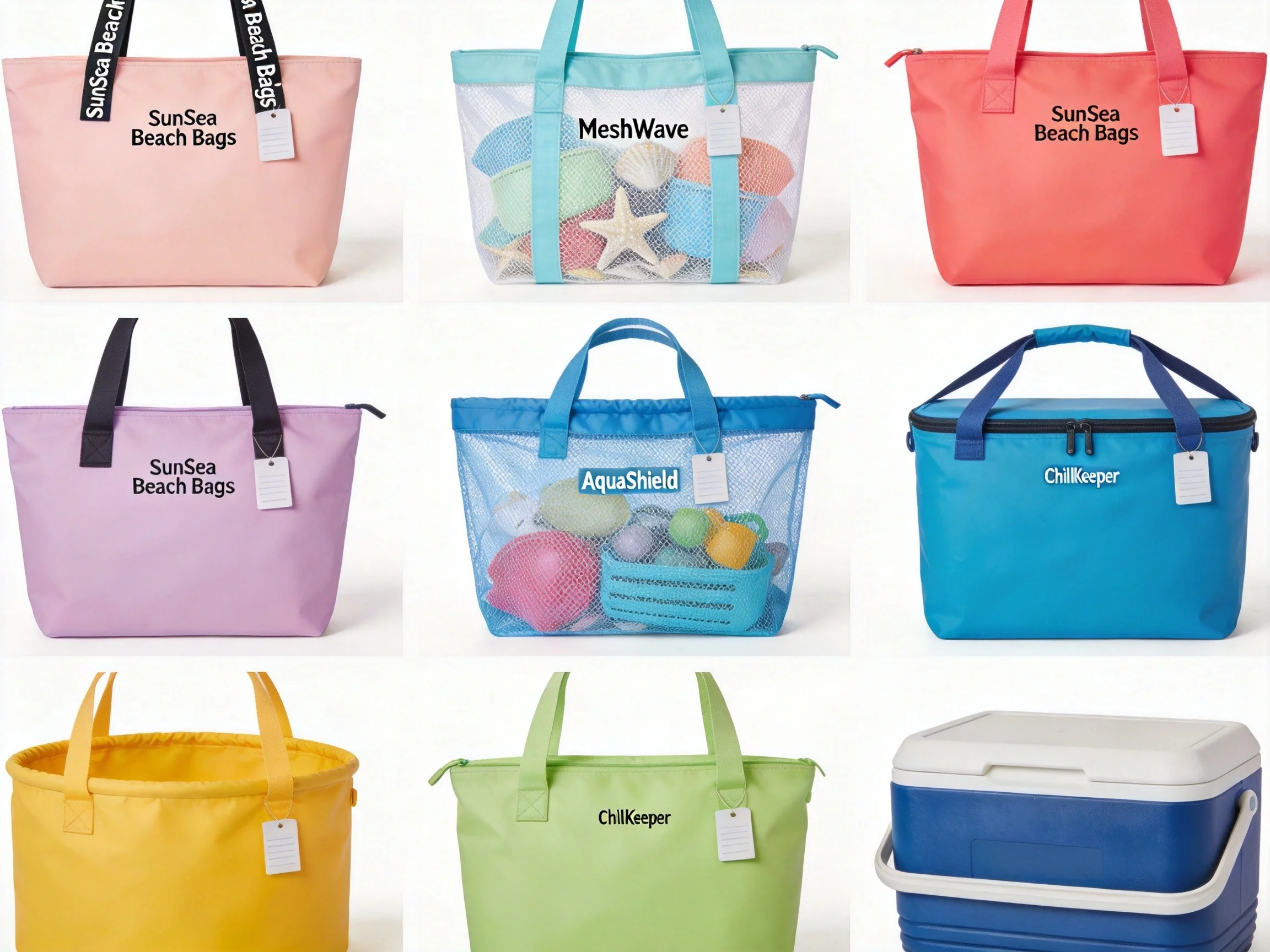 custom beach bag collection from a beach bag manufacturer including totes mesh bags and coolers