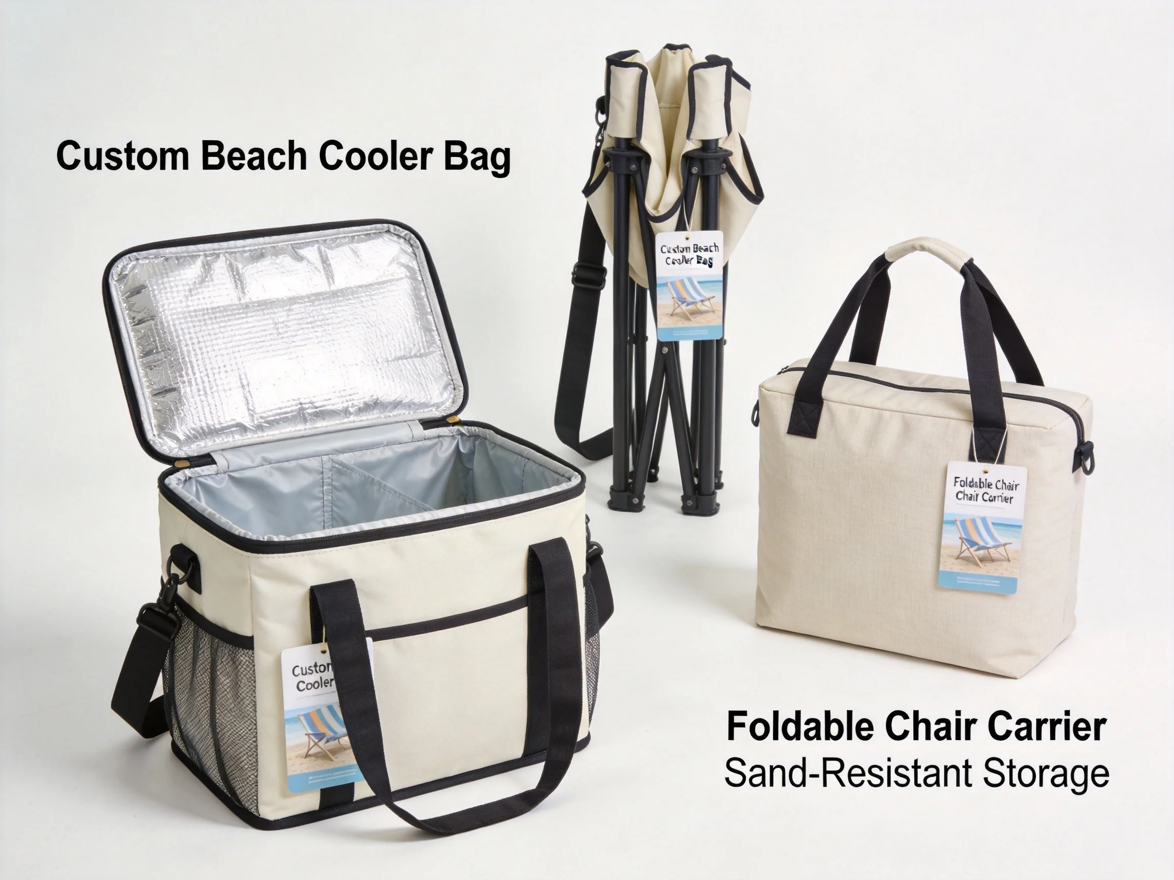custom insulated beach cooler bag and beach chair carry bag from an OEM beach bag supplier
