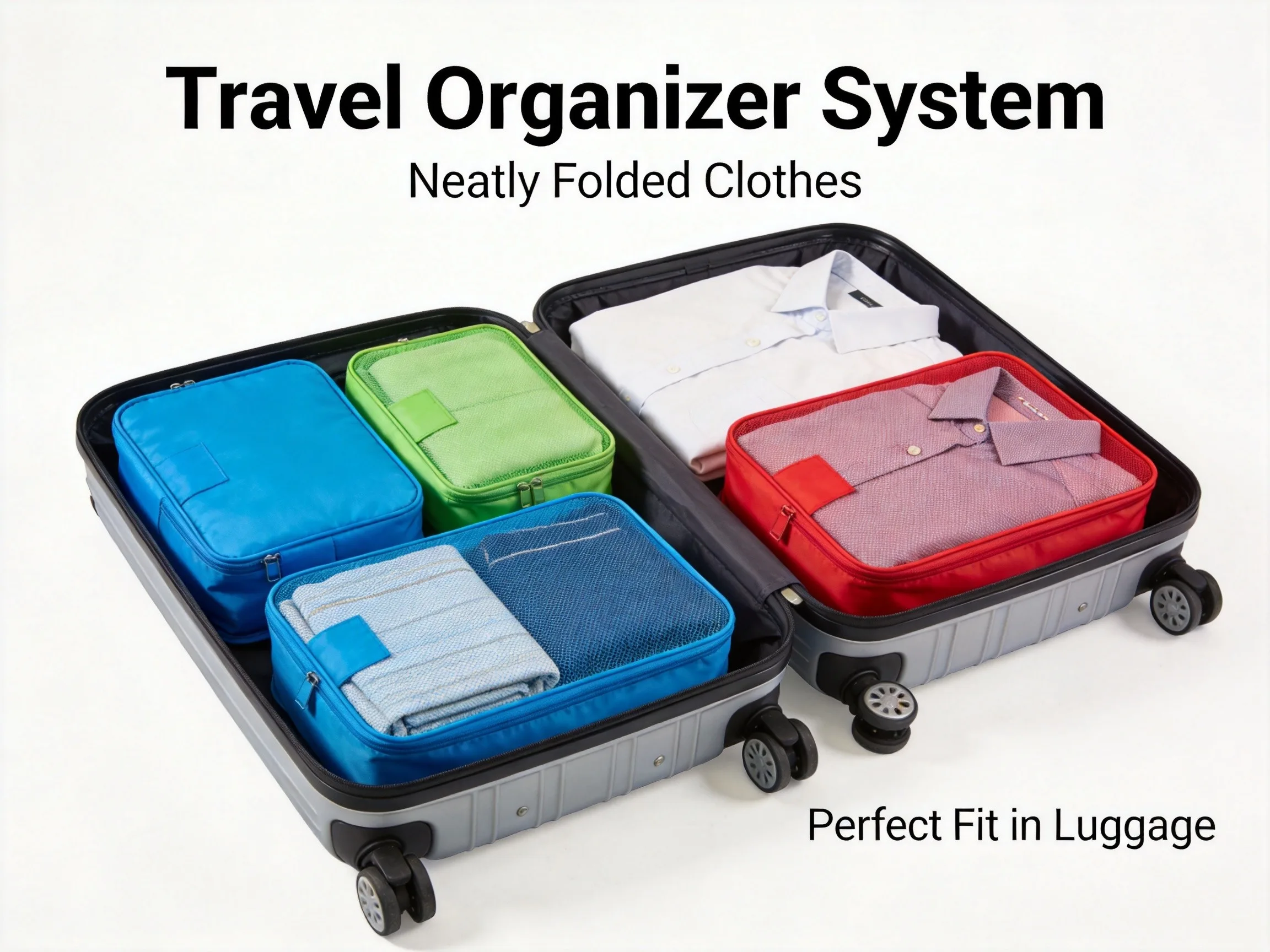 Packing cubes inside suitcase showing travel organization system
