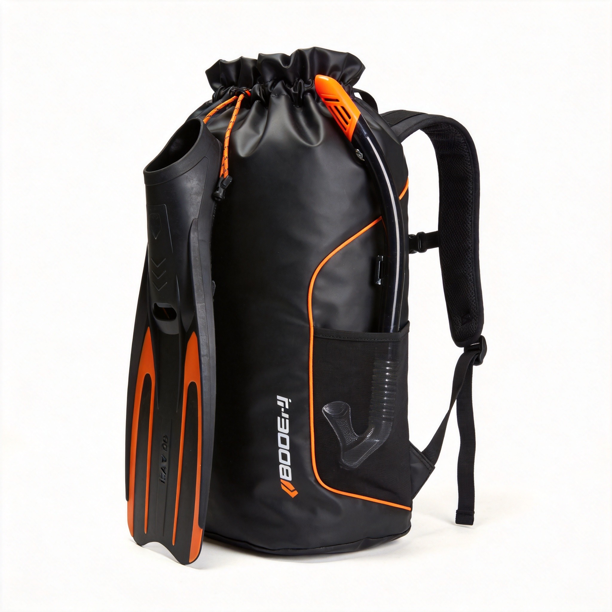 Freediving dive backpack with roll-top dry main and fin sleeve