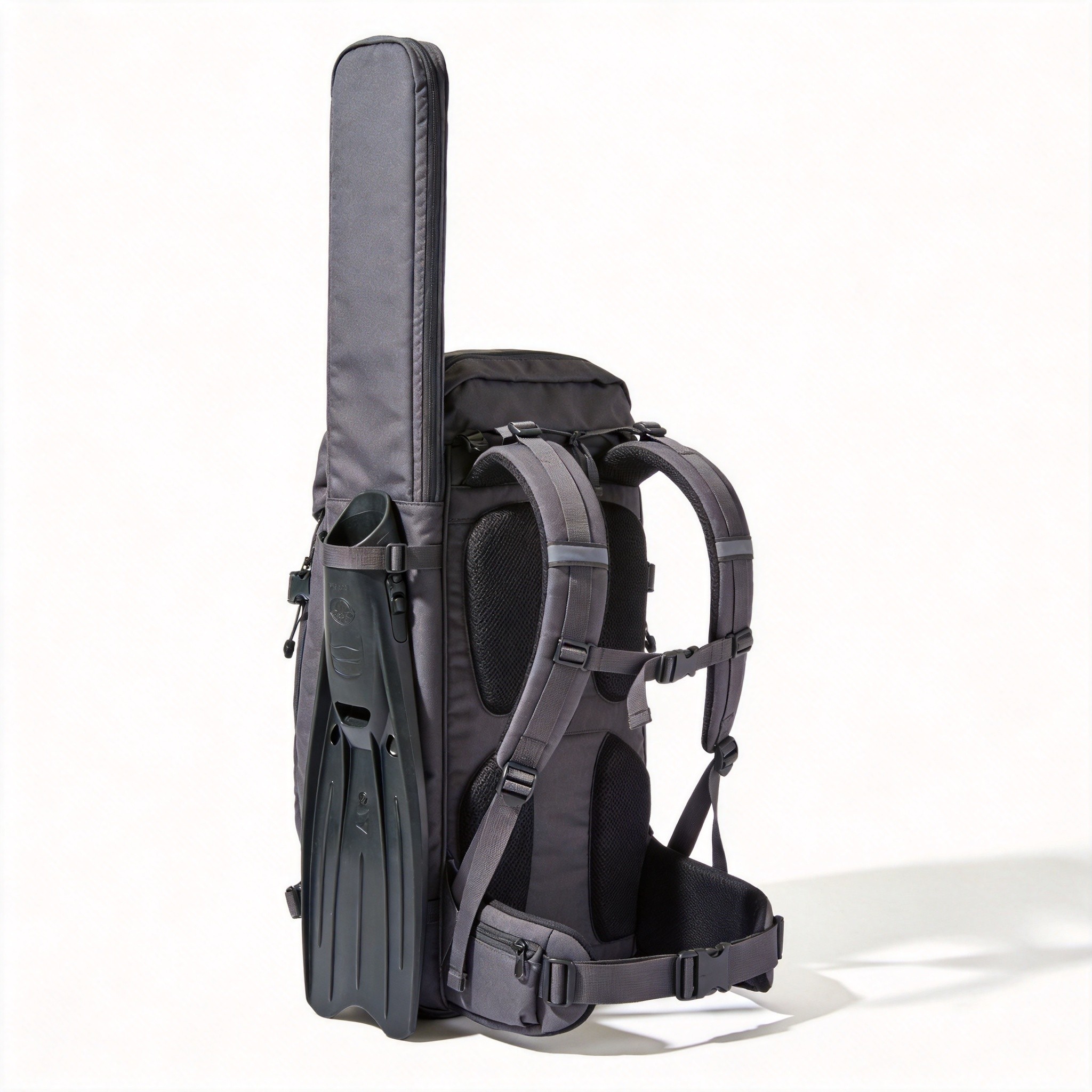 Long fin travel backpack with straps for walk-to-water