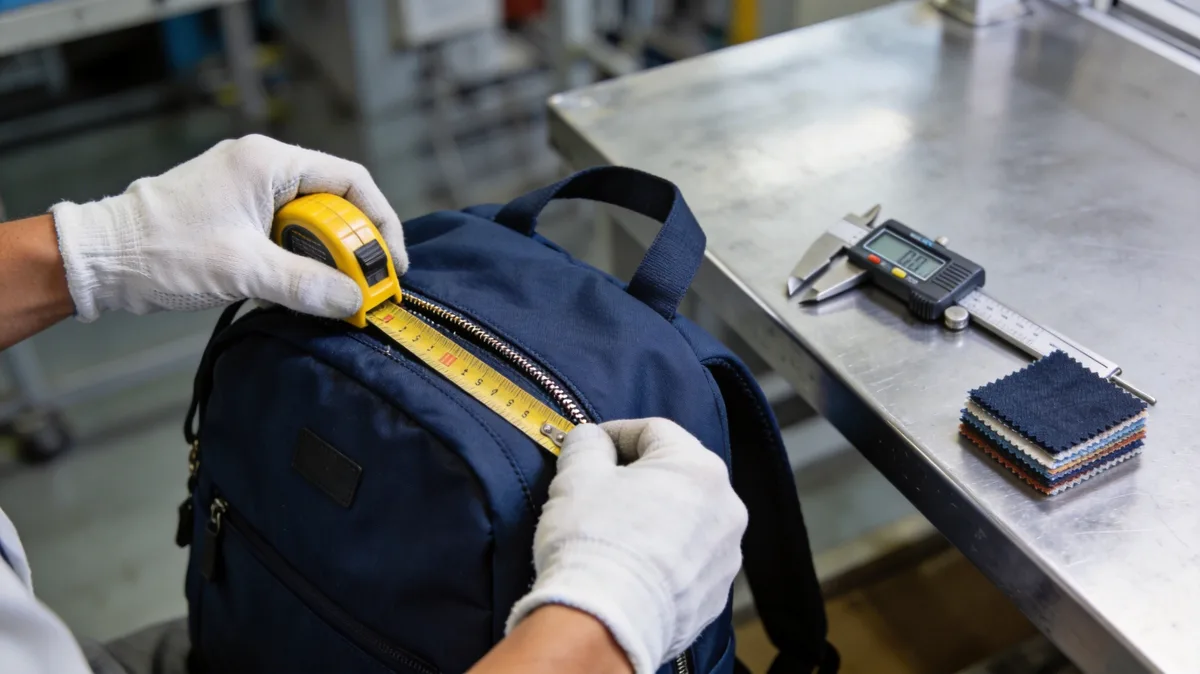 Measuring a custom backpack seam during quality inspection, part of the origin and process evidence file