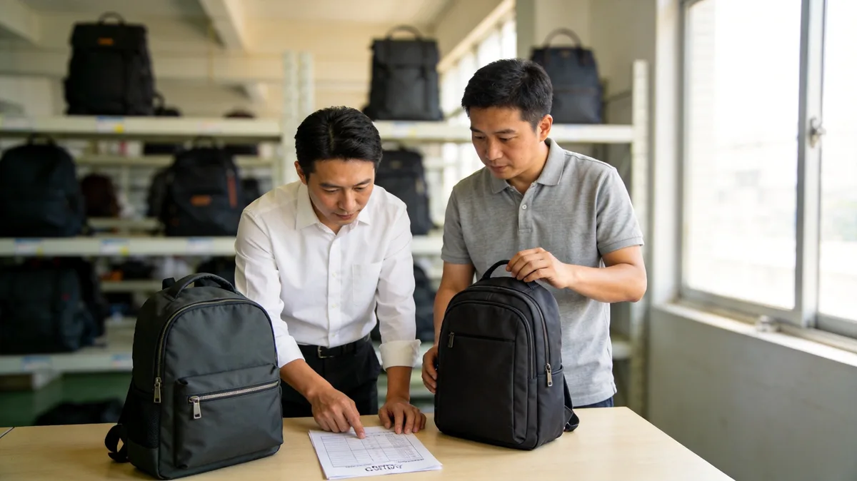 Procurement manager and factory representative reviewing a dual-country quote sheet against bag samples