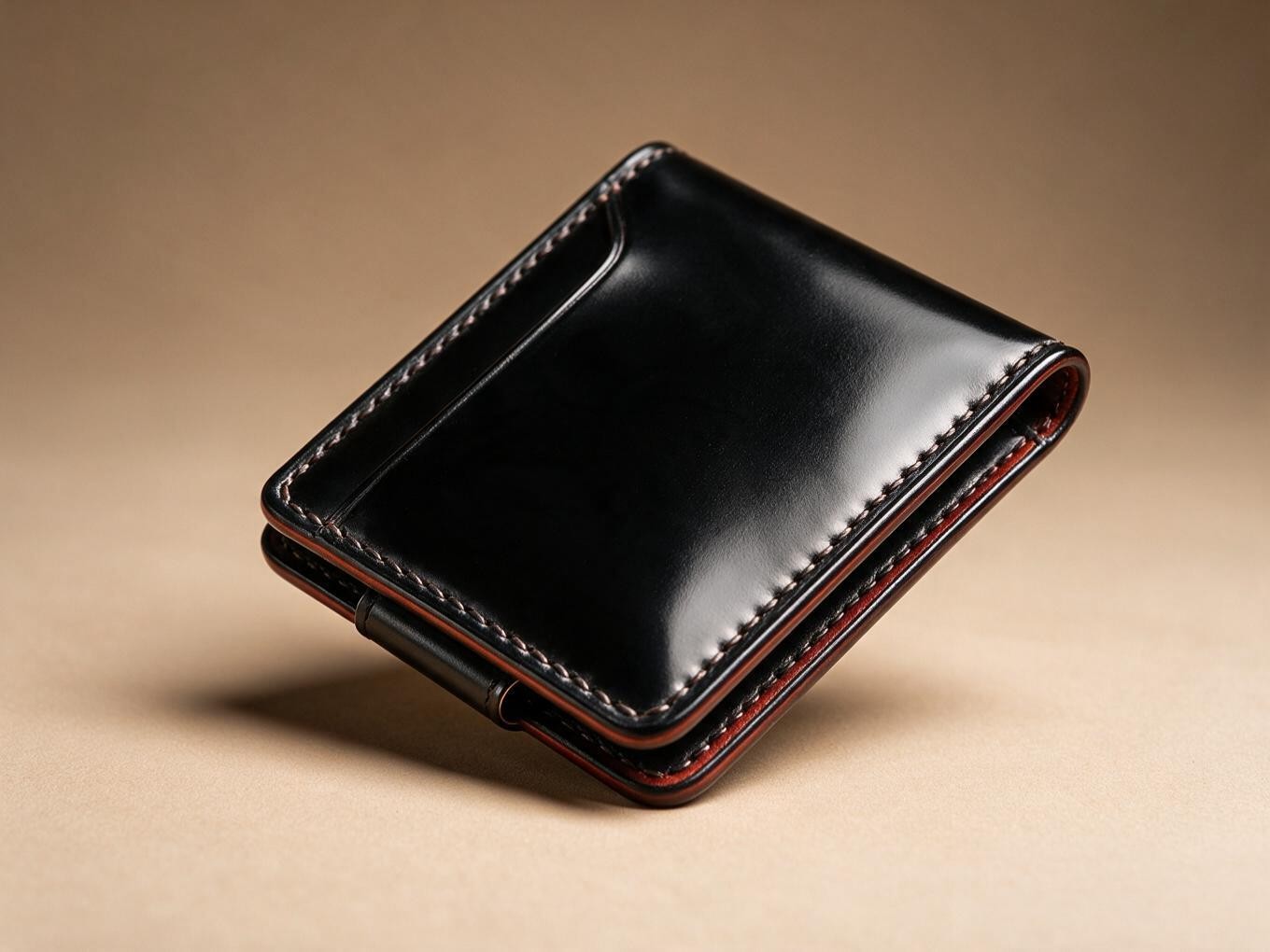 Handmade black shell cordovan card wallet and money clip with clean edge detail