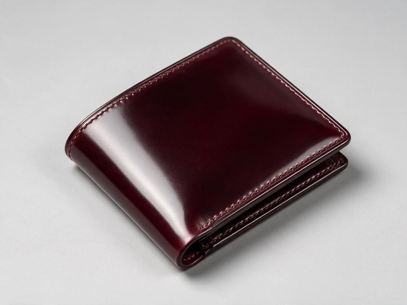 Handmade Shinki Hikaku shell cordovan bifold wallet in burgundy Color 8 with mirror-like luster