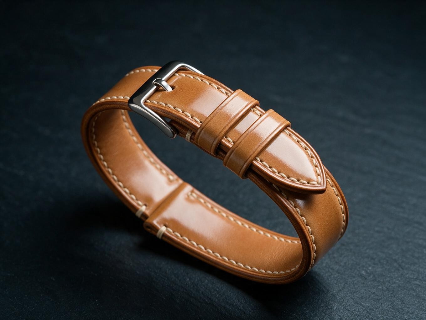 Handmade shell cordovan watch strap in natural tan with mirror-gloss finish