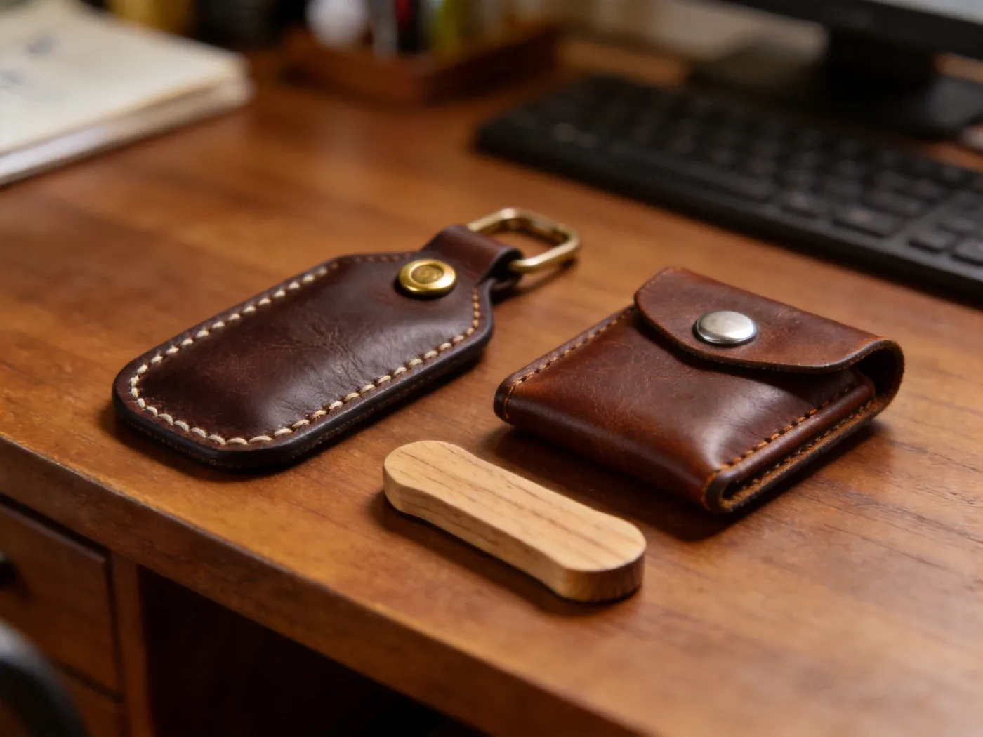 close up of handmade leather golf bag tag pouch and club marker from a custom golf accessories supplier