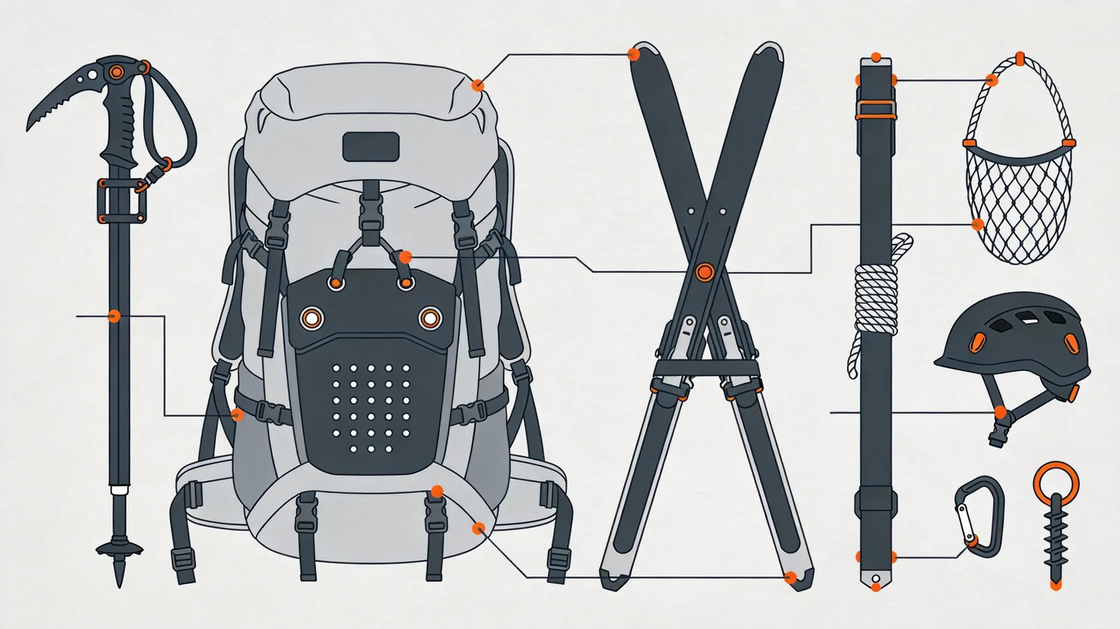 Mountaineering backpack attachment systems diagram: ice axe head loop and shaft holder, crampon pouch, A-frame and diagonal ski carry, rope strap, helmet net and ice screw loops