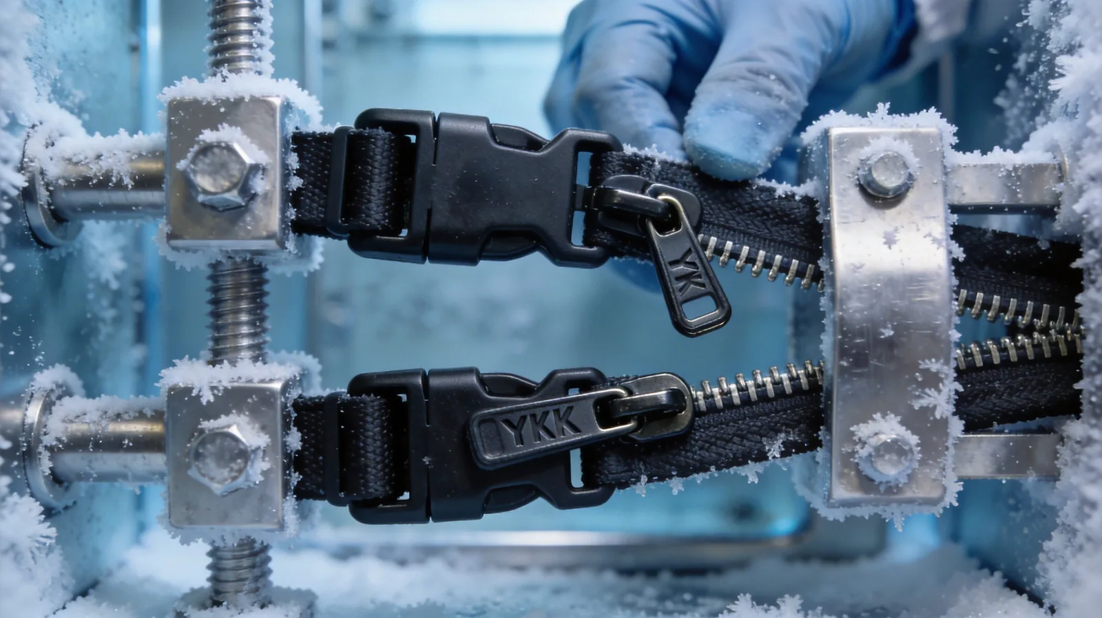 Backpack hardware cold temperature testing at minus 20 degrees: acetal side release buckles and YKK reverse coil zipper in a climatic chamber test fixture