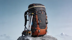 Custom mountaineering backpack manufacturer producing technical alpine packs with ice axe attachment points, dual aluminium frame stays and laminated technical fabrics