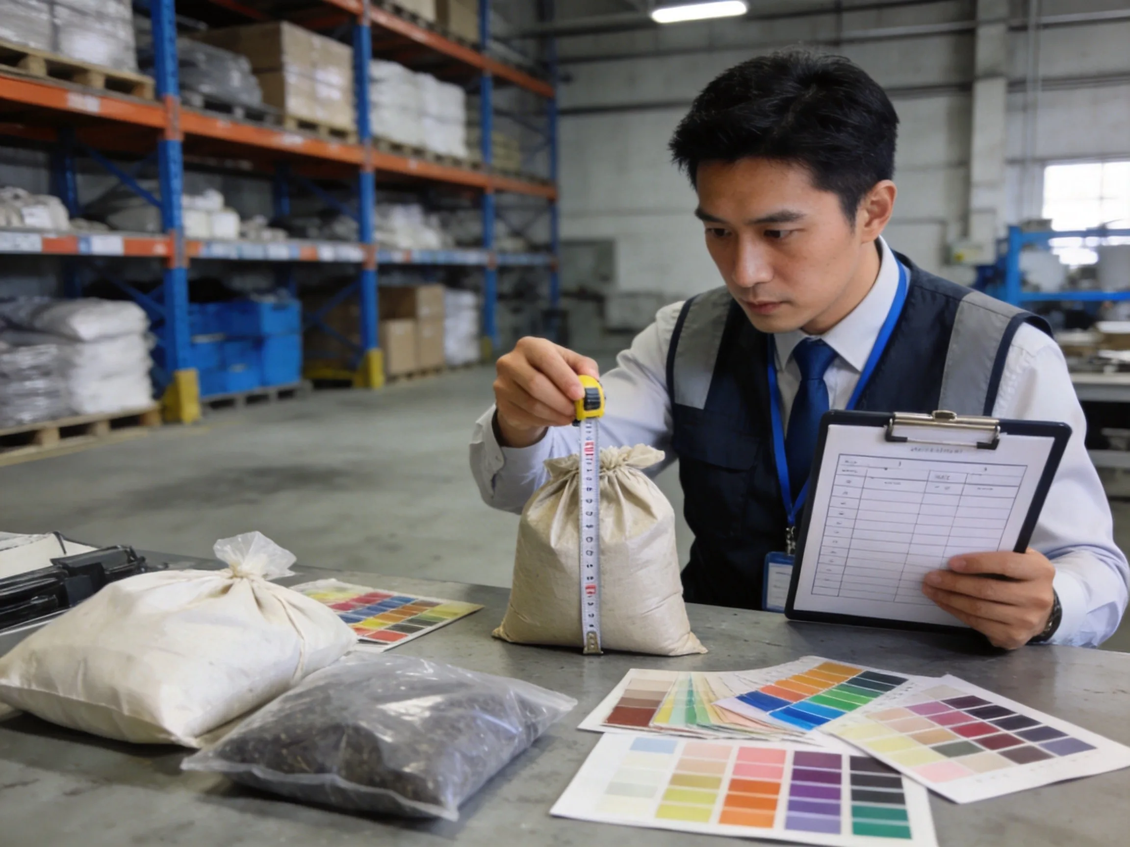 Factory quality inspector measuring a bag sample with a tape measure during a factory audit