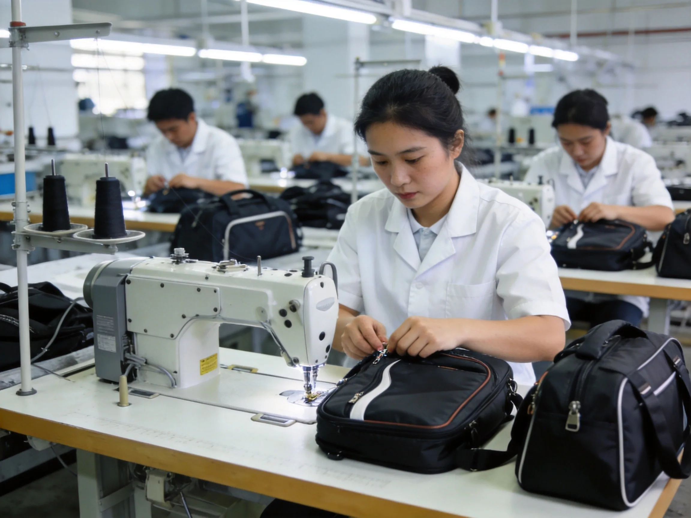 Bag manufacturer production line sewing and assembling custom bags at a direct factory