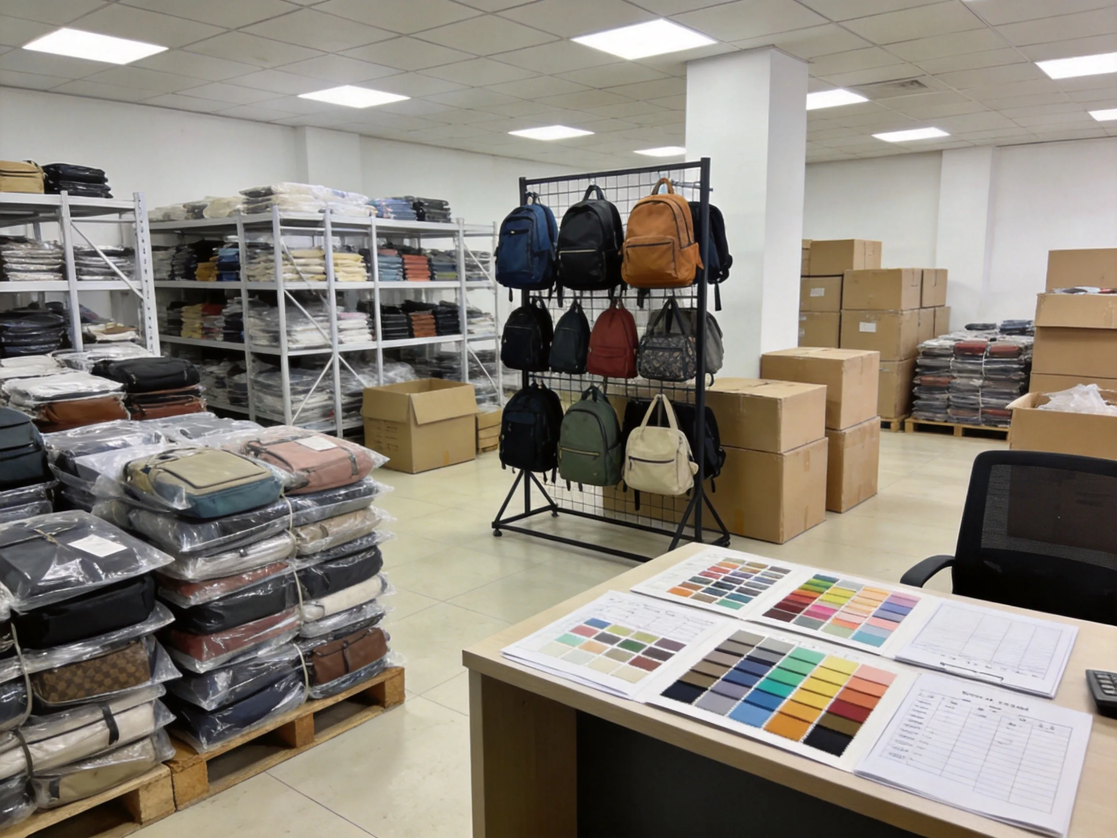 Bag trading supplier warehouse and sample showroom contrast with direct factory