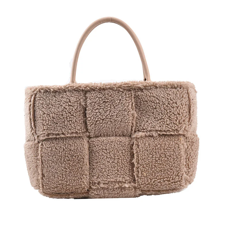 Sherpa tote bag panel construction with PU leather handle, bound edges and pieced plush panels