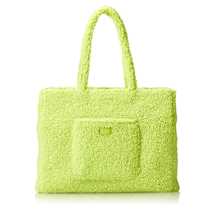 Plush tote bag with a blank leather label panel reserved for a custom brand logo