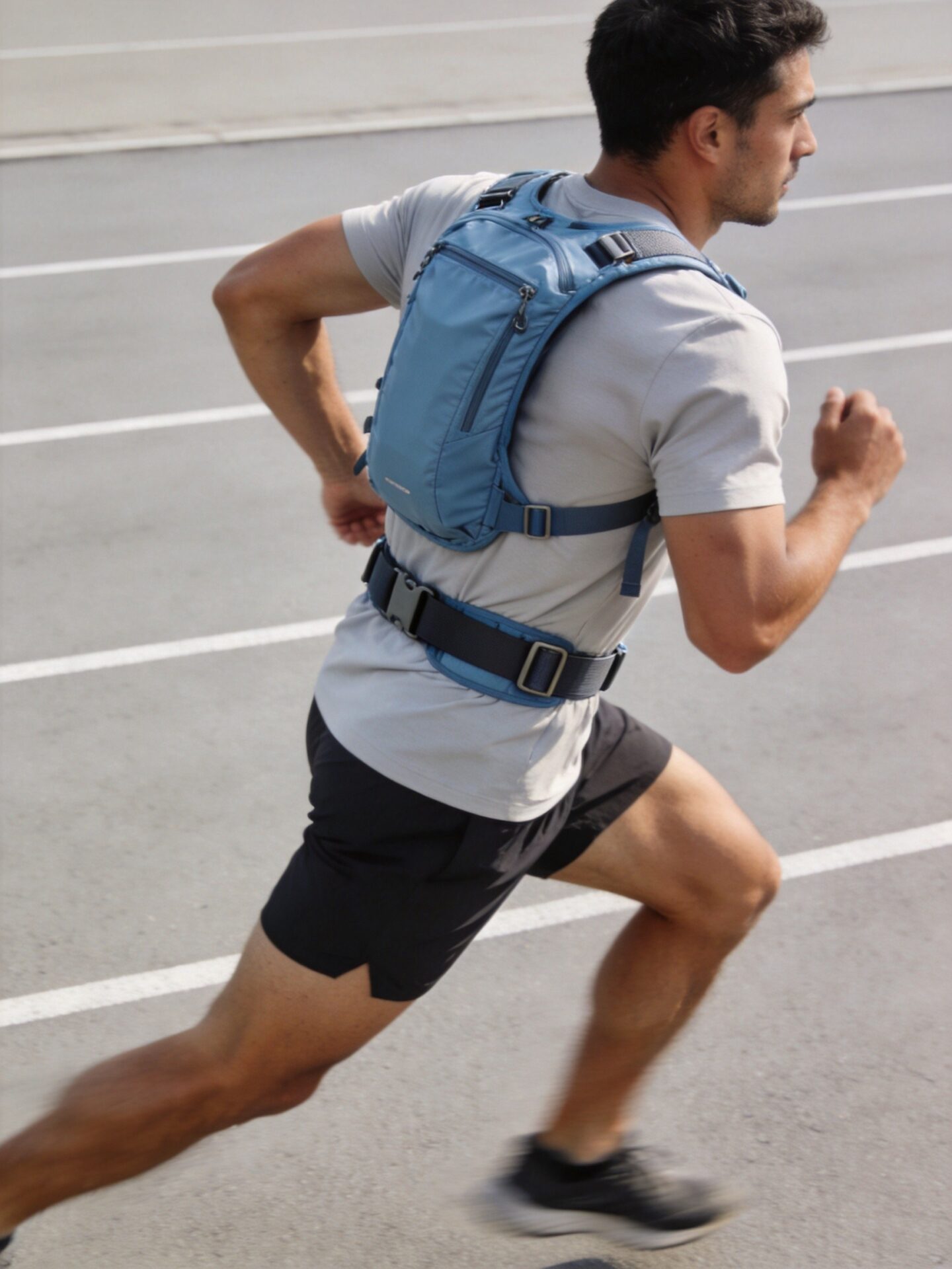 Runner wearing a technical running backpack with chest strap and hip belt correctly tightened