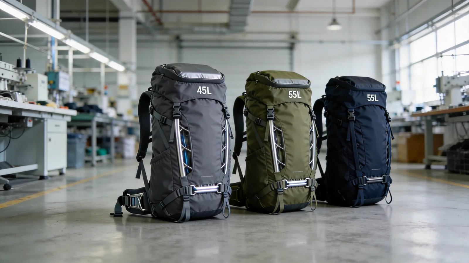 Custom trekking backpack manufacturer producing multi-day load-bearing packs with aluminium stay suspension and laminated technical fabrics