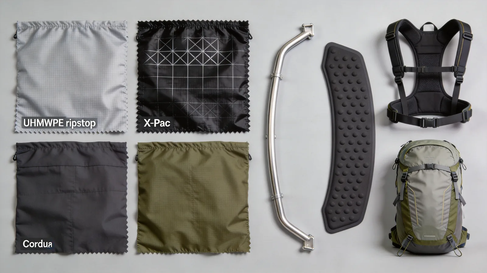 Ultralight trekking backpack materials compared: laminated UHMWPE, X-Pac and coated ripstop nylon with frame and stay options