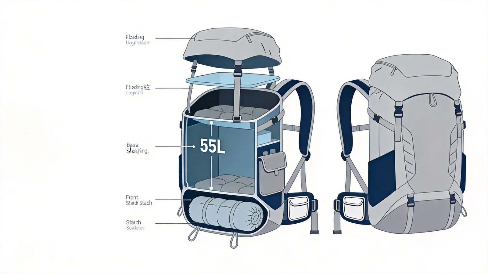 Cutaway diagram of a 55 litre trekking backpack showing main body, base sleeping bag compartment, floating lid and hip belt pockets